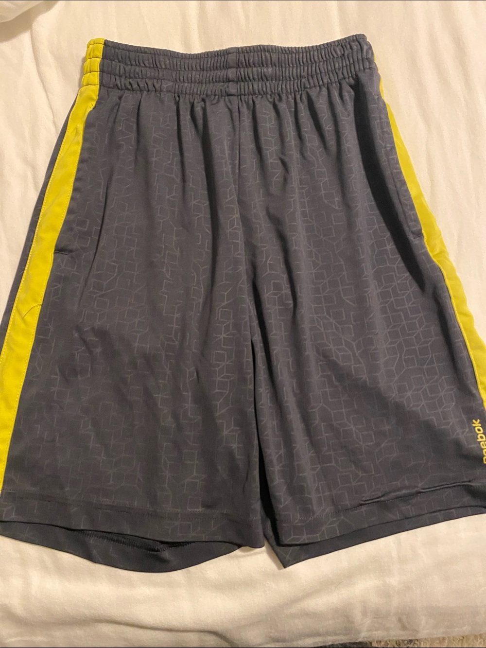 Reebok Men's Gray Athletic Shorts with Yellow Side Panels